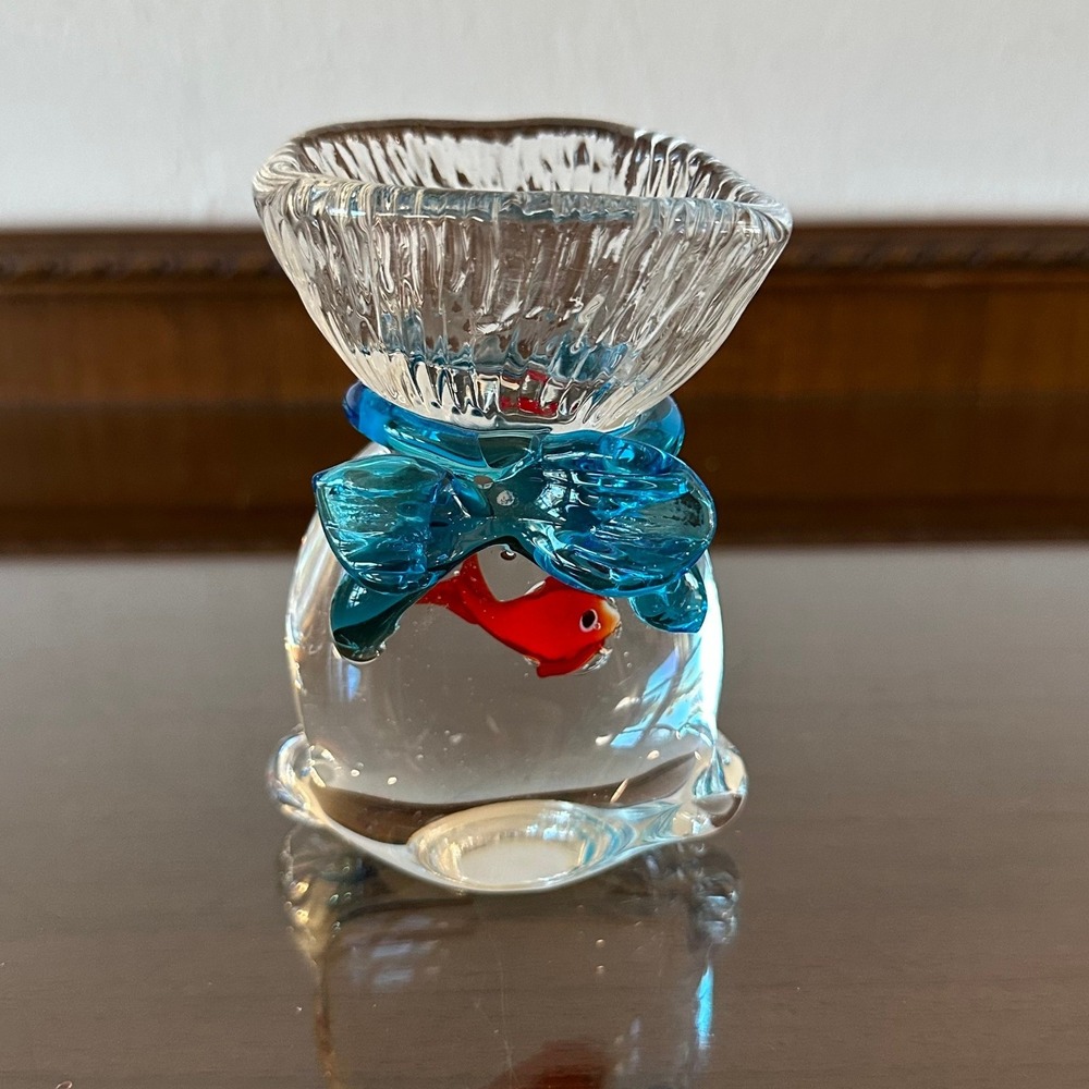 Vintage Murano Style Art Glass Goldfish in Bag Figurine Blue Bow 3.25"